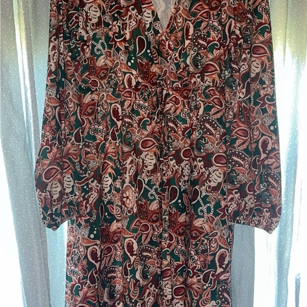Paisley Print V-Neck Midi Dress in Teal & Rust